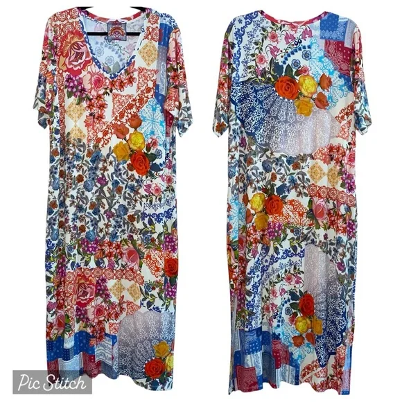Johnny Was Tango Maxi T-Shirt Midi Length Patchwork Dress Size XL - Picture 2 of 16